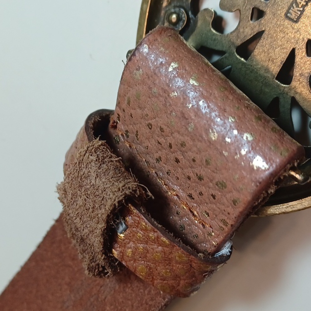 Vintage Brass Rhinstone Womans Oval Cross Western Studded 100% Leather Belt - Picture 5 of 16